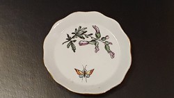 Régi Aquincumi porcelán gyűrűs tányérka,  kézi festésű, pillangós, virágos mintával kész mini tányér