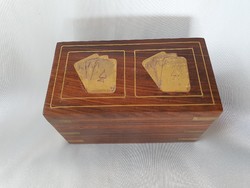 Gyönyörű szép régi fa póker kártya doboz réz intarzia berakással