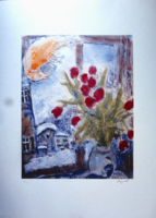 Very rare chagall lithography - rooster and bouquet of roses