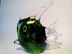 Murano fish-shaped glass paperweight with a hint of green and gold glitter