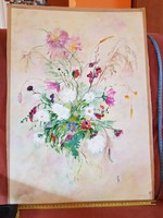 Szécsi Katalin Zsuzsanna: Akvarell virágcsendélet, festmény, egy szakadással, kb.40x60