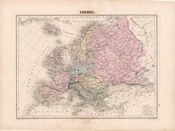 Európa térkép 1880, francia, atlasz, eredeti, 34 x 47 cm, XIX: század, régi, Migeon, Universelle