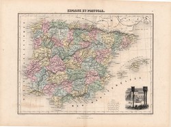 Spanyolország és Portugália térkép 1880, francia, atlasz, eredeti, 34 x 47 cm, Európa, dél, régi