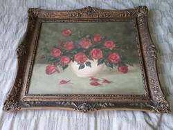 With a painting in a frame! Signed Kovács b - rosy still life - oil cardboard painting in a wide frame