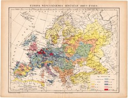Európa népességének sűrűsége térkép 1892 (2), eredeti, Athenaeum, Brockhaus, magyar, 24 x 31 cm