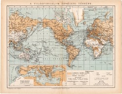 Világtérkép 1892, eredeti, régi, Athenaeum, magyar, 24 x 31 cm, Világforgalom átnézeti térkép
