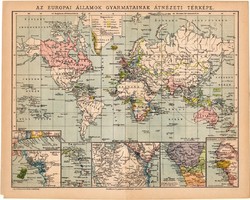 Világtérkép 1892, eredeti, régi, Athenaeum, magyar, 24 x 30 cm, Európai állaok gyarmatai, térkép