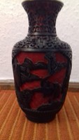2 db kínai nagyobb cinóber váza, kék zománcozott réz testen 