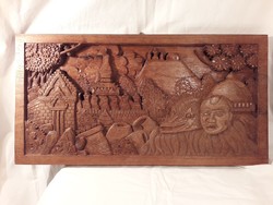 Asian large size wood carved wall teak picture