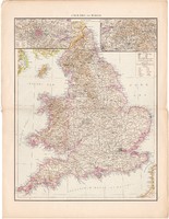Anglia és Wales, Skócia, Írország térkép 1887, német atlasz, Brit - szigetek, észak, eredeti, antik