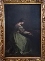 Gyönyörű századfordulós antik festmény. Zongorázó lány. Jelezve K.J.né, és hátul Karacsay felirat 