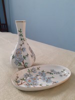 Nagyon szép, kézzel festett, régi, kisméretű  hollóházi  porcelán váza tálkával 