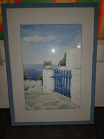 Szépen kivitelezett, bájos akvarell festmény, mediterrán tengerparti látkép, falra kész!