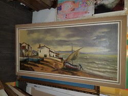 Hatalmas, gyönyörű vászonbetét-keretes, nyugati festmény, kikötő halászokkal, 60x130+keret