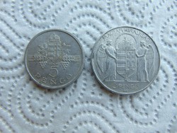 2 darab alumínium Horthy 5 pengő 1943 - 1945  