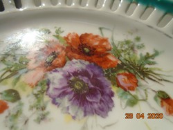 Antik kézzel festett pipacs mintás,áttört csipkézett cakkos peremmel tányér
