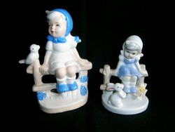 2 db nagyon aranyos porcelán és kerámia figura: kerítésen ülő kislány nyuszival és galambbal