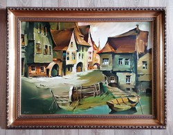  Fassel Ferenc festmény! Brutálisan gyönyörű, eredeti.Címe: Csónak kikötő. 50x70cm, kerettel:64x84cm