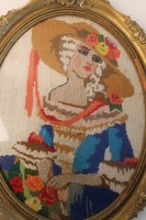 Kalapos dáma gobelin kép ovális blondel keretben