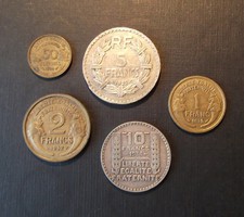 5 db francia pénzérme 1932-1938, ezüsttel