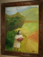 "Pirk János" - Lány gyümölcsöskosárral - olajfestmény, 1 forintos aukción.