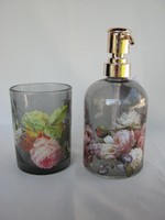 Vintage szett rózsás üveg szappanadagoló és pohár