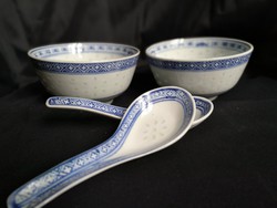  Régi-új kínai Jingdezhen porcelán rizses tál szett, kanalakkal, új dobozában