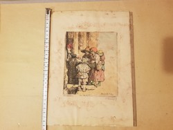 F. Peresztegi Róbert, Rembrandt után, Koldusok, színezett rézkarc, szignós
