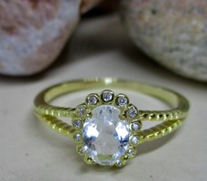 Gyönyörű valódi akvamarin és fehér topáz ezüst gyűrű