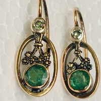Antik Szecessziós 14k arany Fülbevaló Smaragd Gyémánt Rókefejes fémjel