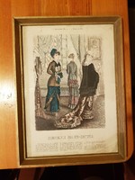 1880-as divatkatalógus, valamilyen metszet, jó állapotban, üvegezett keretben