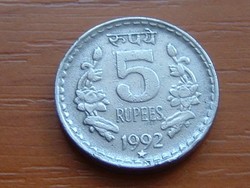 INDIA 5 RÚPIA 1992 (öt ágú csillag): Hyderabad Mint #