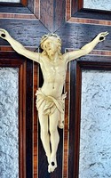 36. Antik, CSONT Jézus Krisztus (15.3cm), 45cm impozáns feszület, kereszt, korpusz