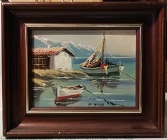 Jelzett hajós témájú festmény, szép keretben ( keretezett méret 23 x 28 )