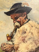 Réti festmény: Pipázó juhász, olaj, fatáblán