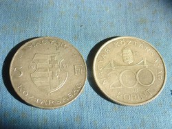 Silver 5 Forints 1947 + 200 Forints 1994, 2 Pieces !! Ft