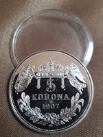 Hibátlan ezüstözött 5 korona 1907 Magyarok Krónikája PP kapszulában Kossuth Lajos