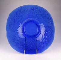 1A582 Nagyméretű francia kék üveg asztalközép kínáló tál művészi üveg