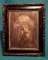1945-ös "Szenvedő Jézus" fa intarzia kép, Bezdáni Lajos munkája, a képeken látható állapotban eladó!