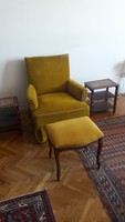 Art deco keményfa vázas bársony huzatos masszív régi fotel + puff / ülőke / lábtartó / zsámoly...