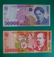 2 db-os román Lei bankjegy lot - 50.000 és 100.000 Lei - 1996-1998 