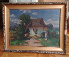 Szontágh Tibor (1873-1930) szignózott olajfestmény, falusi ház