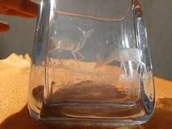 Signed. Art deco signed glass, crystal vase, deer! A thickly peeled, polished masterpiece. Extra piece.