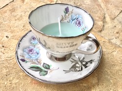 Angol rózsamintás Porcelán Mentazöld illatgyertya teás csésze+alj Párban ezüstlakodalom ajándék