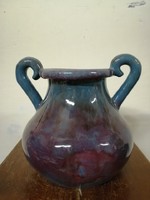 Márky 1935  jelzés kerámia  füles váza. Kézzel festett lila kék máz. L-27  