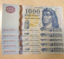2005. 1000 Forint "DA" UNC, 5 db sorszámkövető bankjegy