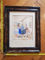 Szignós népi életkép, lányok népviseletben, öreg akvarell festmény