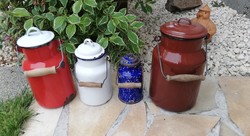 4-piece enamel milk jug collection, rare 0. 5 liter drops, brown, white, red