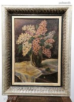 Antik Orgona virág asztali csendélet olaj - vászon - farost gyönyörű festmény  (10)