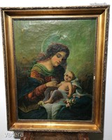 Antik hatalmas olaj vászon festmény Szűz Mária és a Kis Jézus szignós AUKCIÓ!! (456)